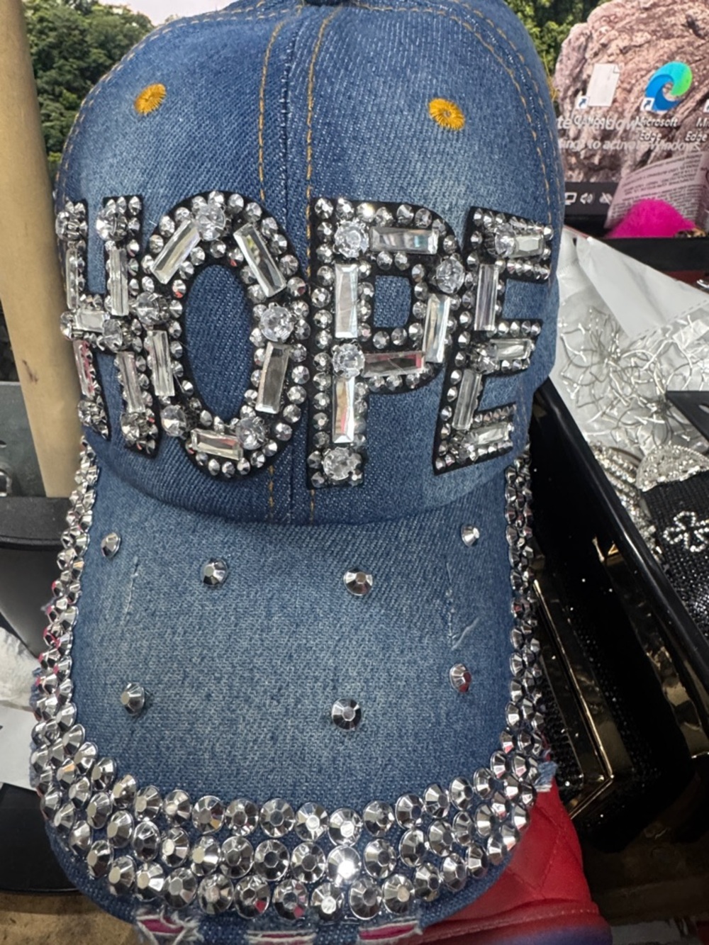 Denim Baseball Cap with Rhinestone 'HOPE' Embellishment